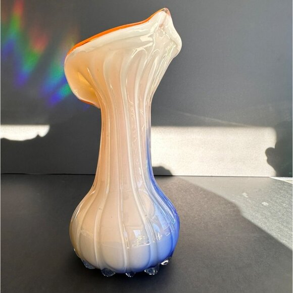 Murano-Style Vase Handblown Art Glass Tulip Vase With Orange & White Stripes Vin - Picture 4 of 9